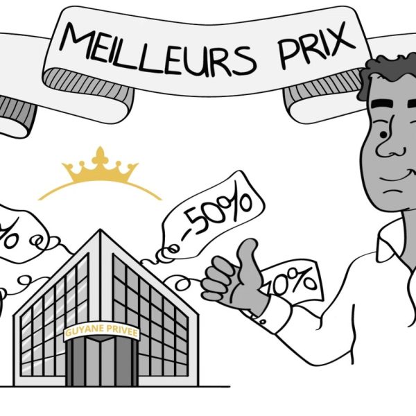 illustration whiteboard d'une homme et des bureaux de Guyane privée offrants le meilleurs prix